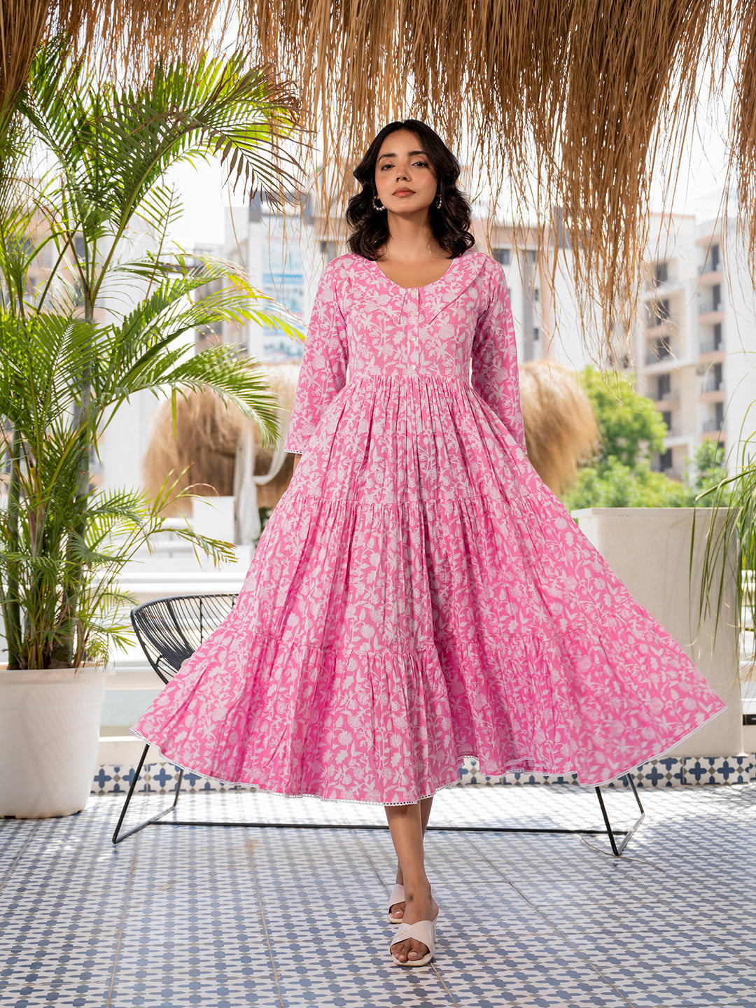 Noe Velarro Pink Floral Printed Collar Neck Calf length Cotton dress for Women