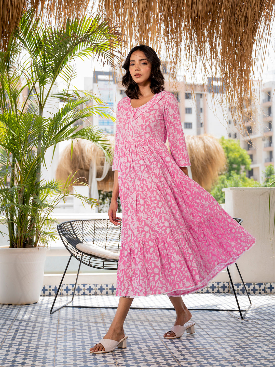 Noe Velarro Pink Floral Printed Collar Neck Calf length Cotton dress for Women