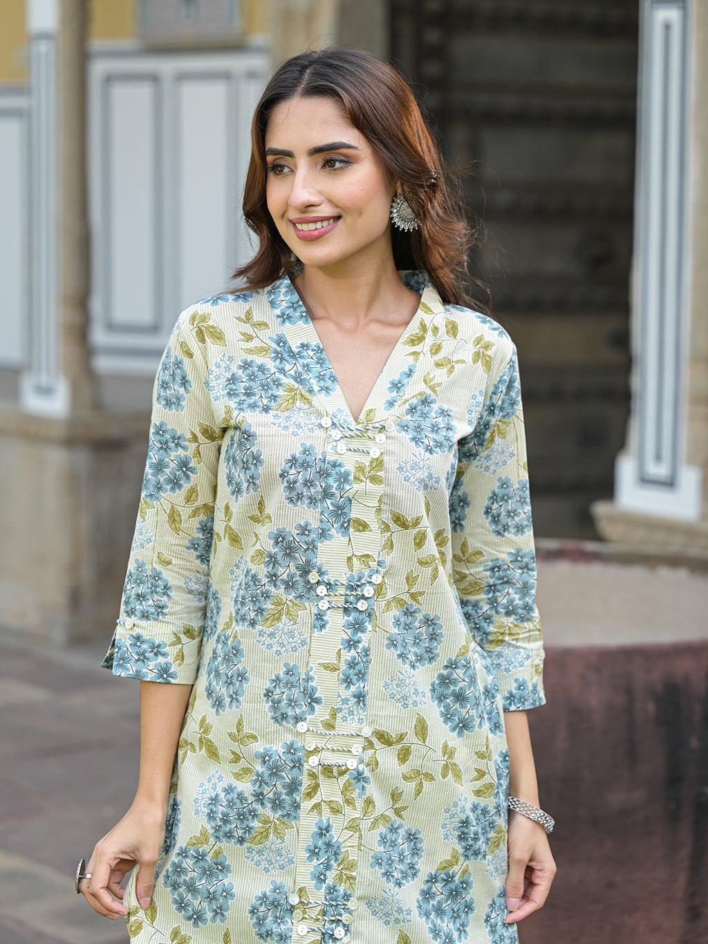 Noe Velarro Green Floral Print Pure Cotton Straight Kurta with Trouser