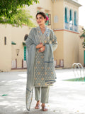 Noe Velarro Grey Floral Print Pure Cotton Straight Kurta & Trouser with Dupatta