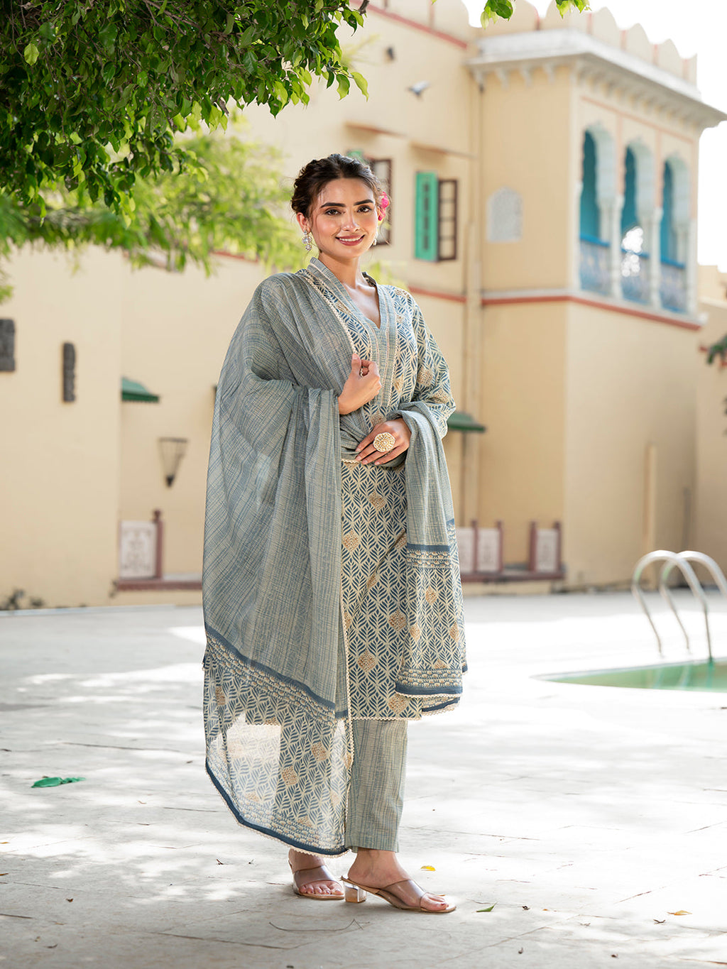 Noe Velarro Grey Floral Print Pure Cotton Straight Kurta & Trouser with Dupatta