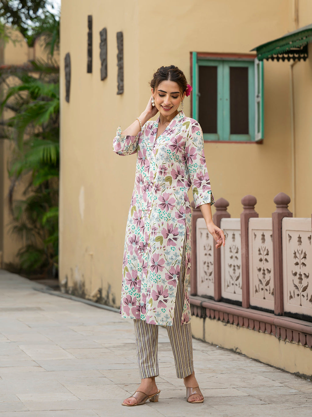 Noe Velarro Lavender Floral Print Pure Cotton Straight Kurta with Trouser