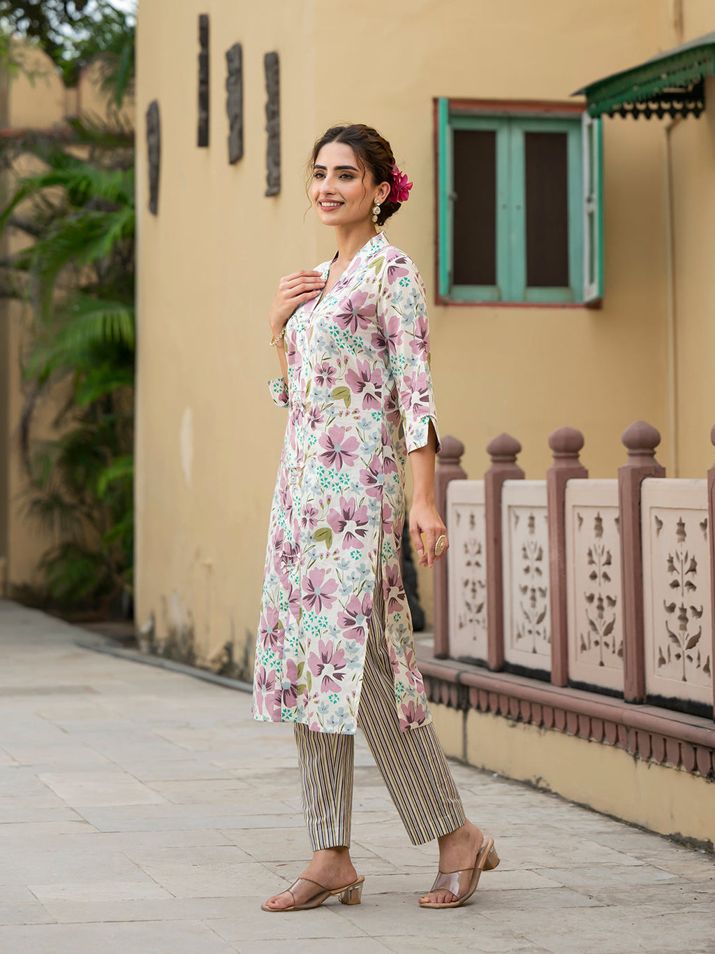 Noe Velarro Lavender Floral Print Pure Cotton Straight Kurta with Trouser