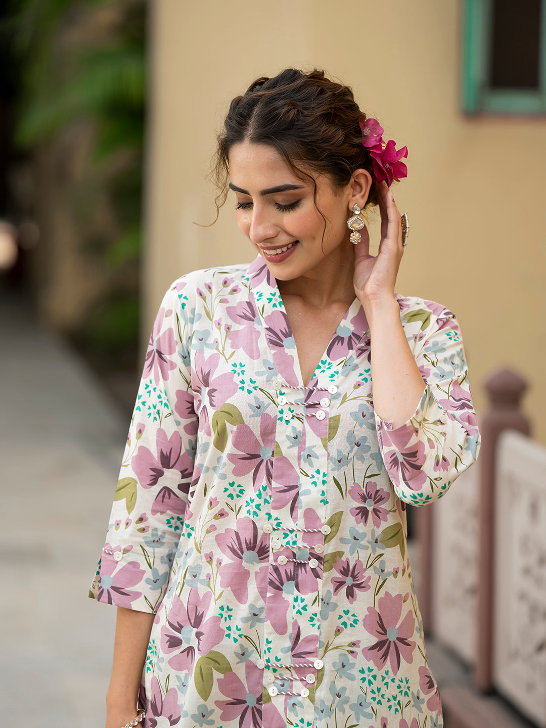 Noe Velarro Lavender Floral Print Pure Cotton Straight Kurta with Trouser