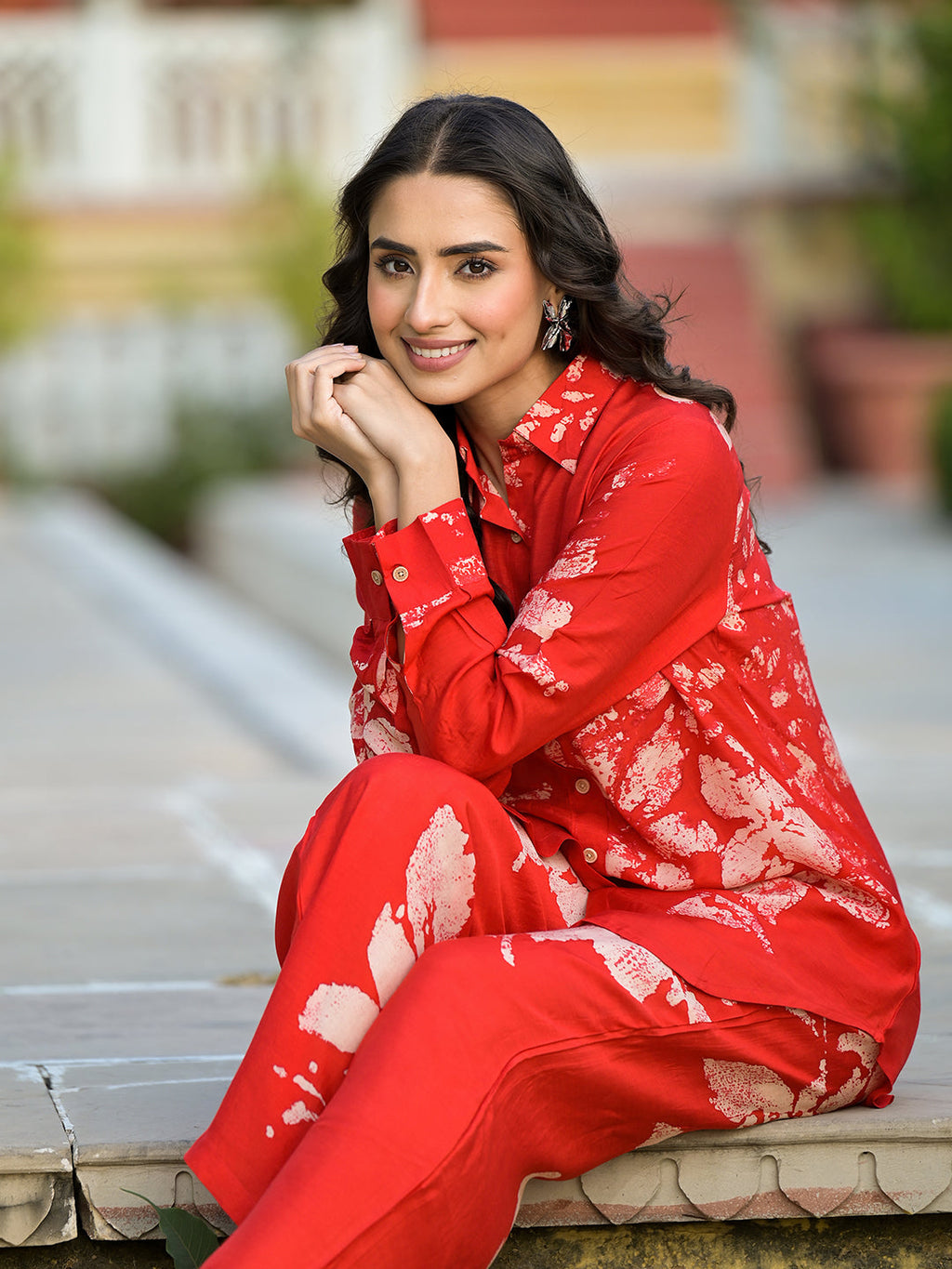 Noe Velarro Red Hand Painted Women Muslin Co-ord Set