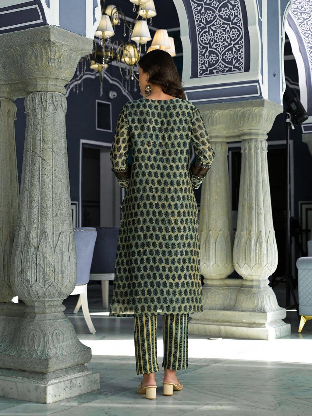 Noe Velarro Green Ethnic Printed Chanderi Silk Kurta Trouser with Dupatta Set