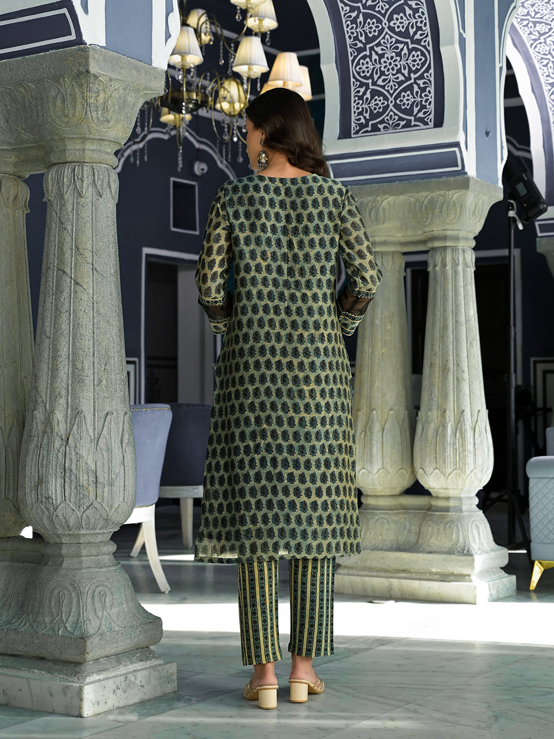 Noe Velarro Green Ethnic Printed Chanderi Silk Kurta Trouser with Dupatta Set