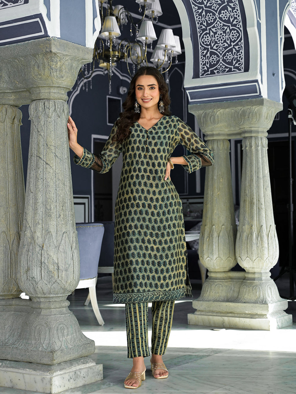 Noe Velarro Green Ethnic Printed Chanderi Silk Kurta Trouser with Dupatta Set