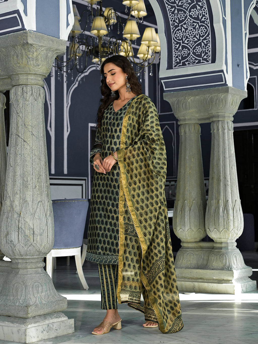 Noe Velarro Green Ethnic Printed Chanderi Silk Kurta Trouser with Dupatta Set