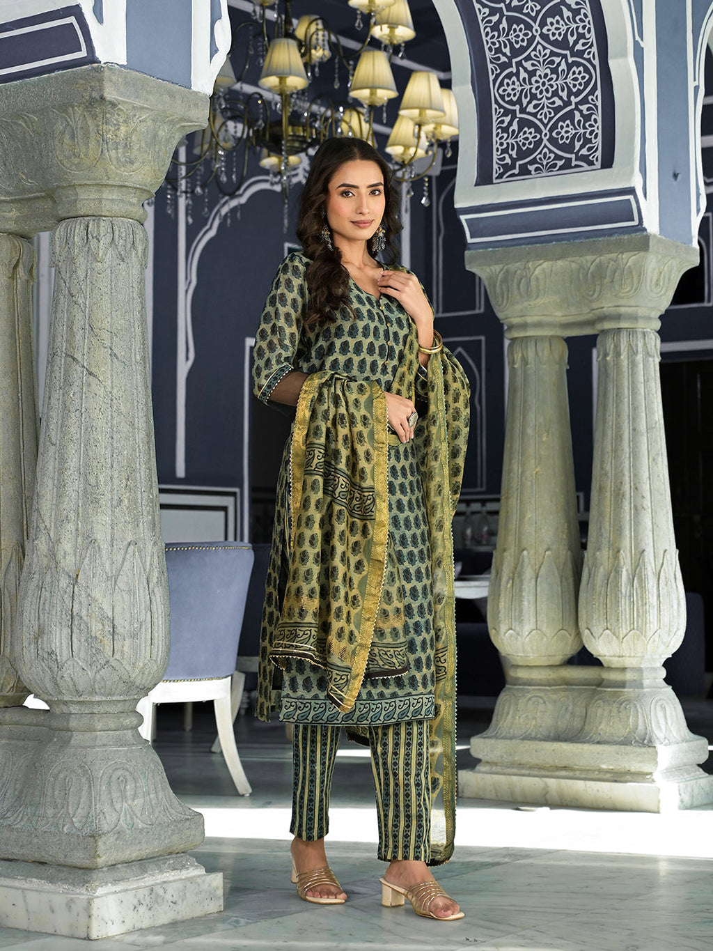 Noe Velarro Green Ethnic Printed Chanderi Silk Kurta Trouser with Dupatta Set