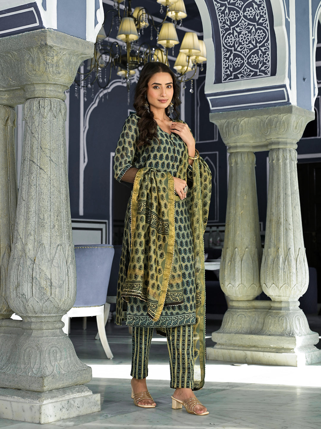 Noe Velarro Green Ethnic Printed Chanderi Silk Kurta Trouser with Dupatta Set