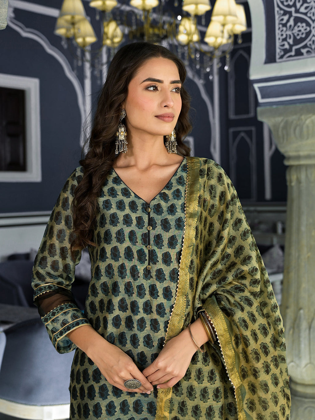 Noe Velarro Green Ethnic Printed Chanderi Silk Kurta Trouser with Dupatta Set