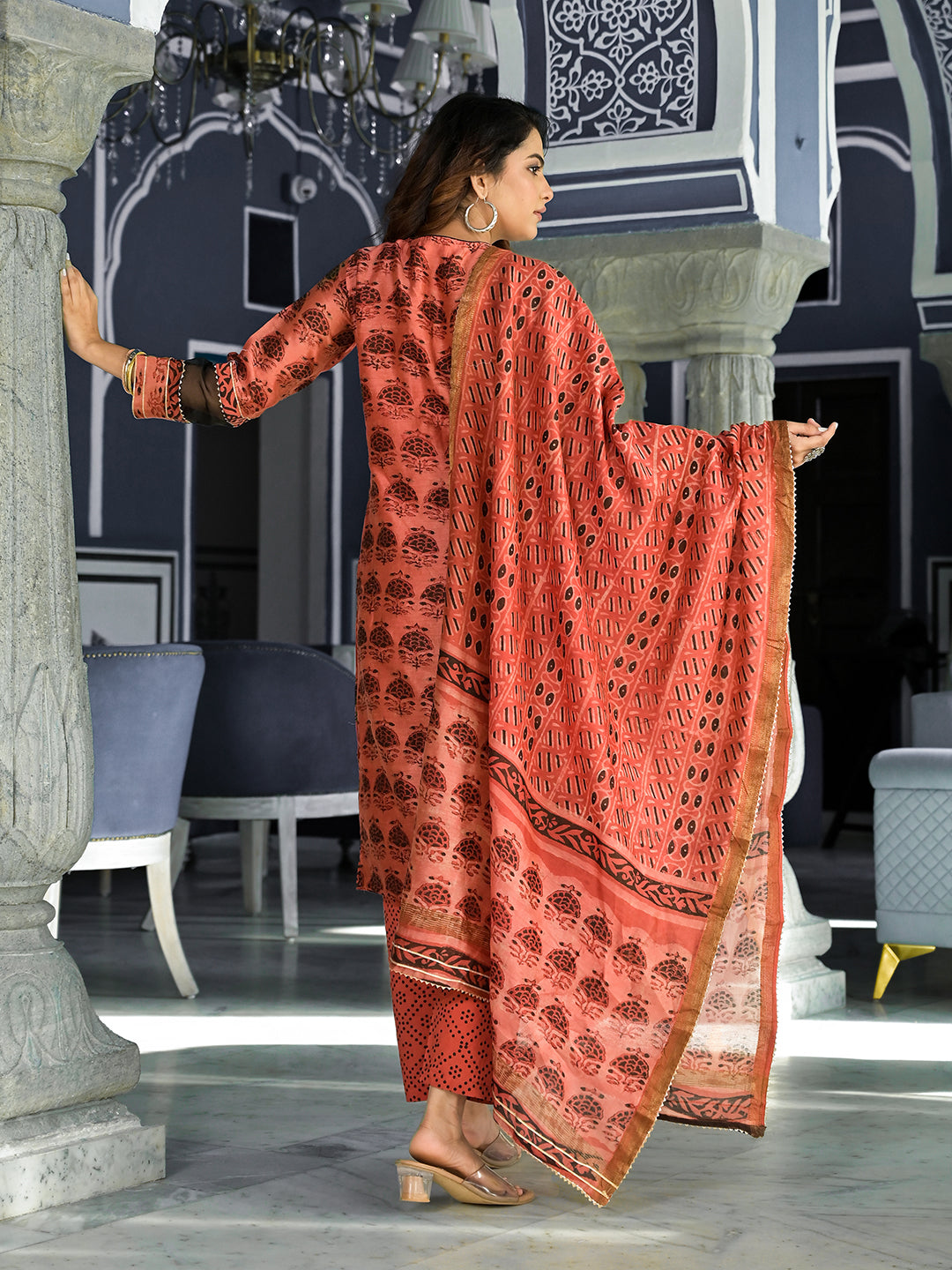 Noe Velarro Maroon Ethnic Printed Chanderi Silk Kurta Set with Maheshwari Silk Dupatta