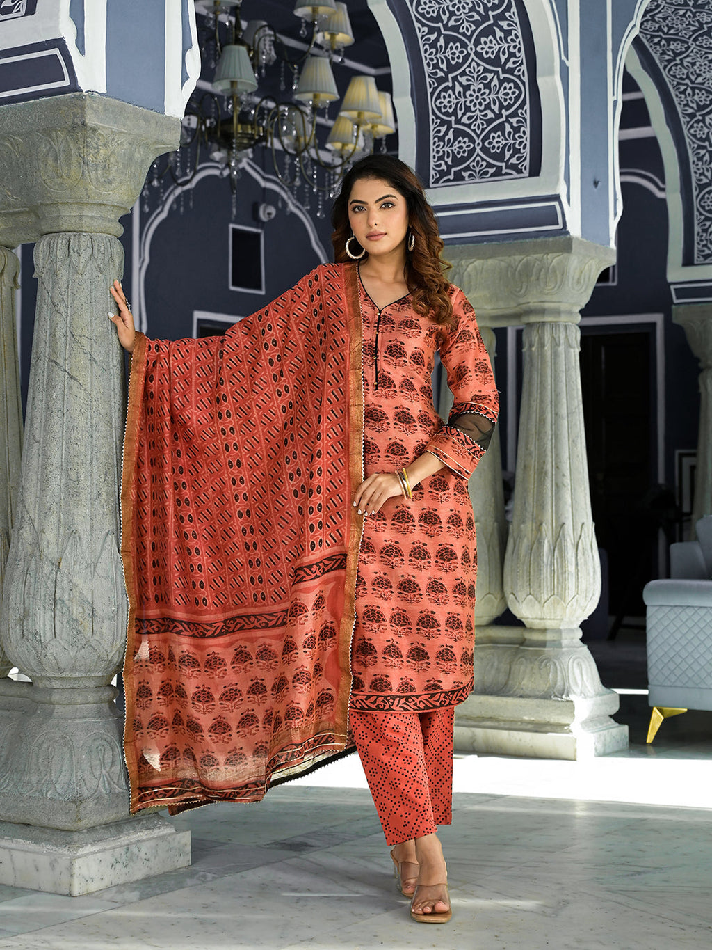 Noe Velarro Maroon Ethnic Printed Chanderi Silk Kurta Set with Maheshwari Silk Dupatta