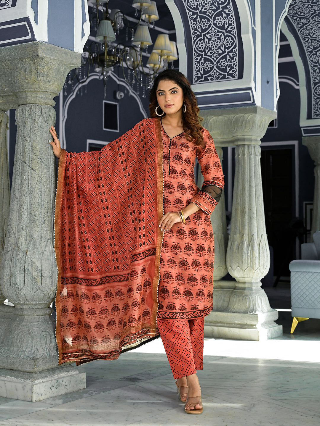 Noe Velarro Maroon Ethnic Printed Chanderi Silk Kurta Set with Maheshwari Silk Dupatta