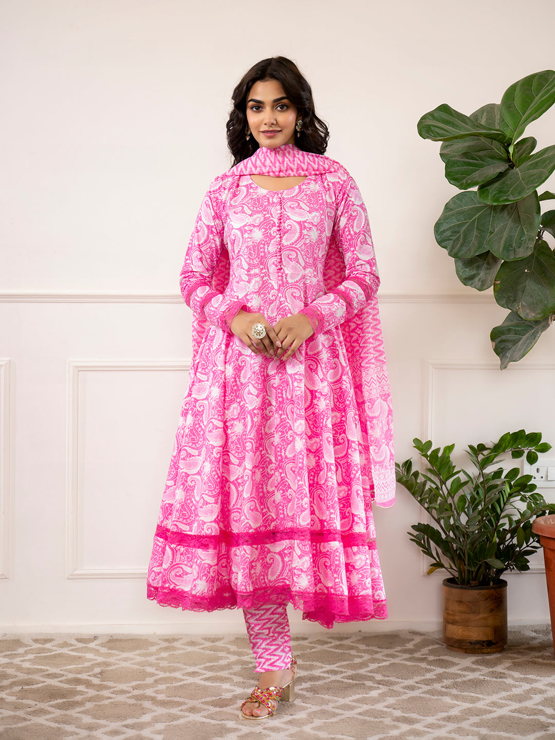 Noe Velarro Pink Floral Print Cotton Anarkali Kurta Trouser with Dupatta Set