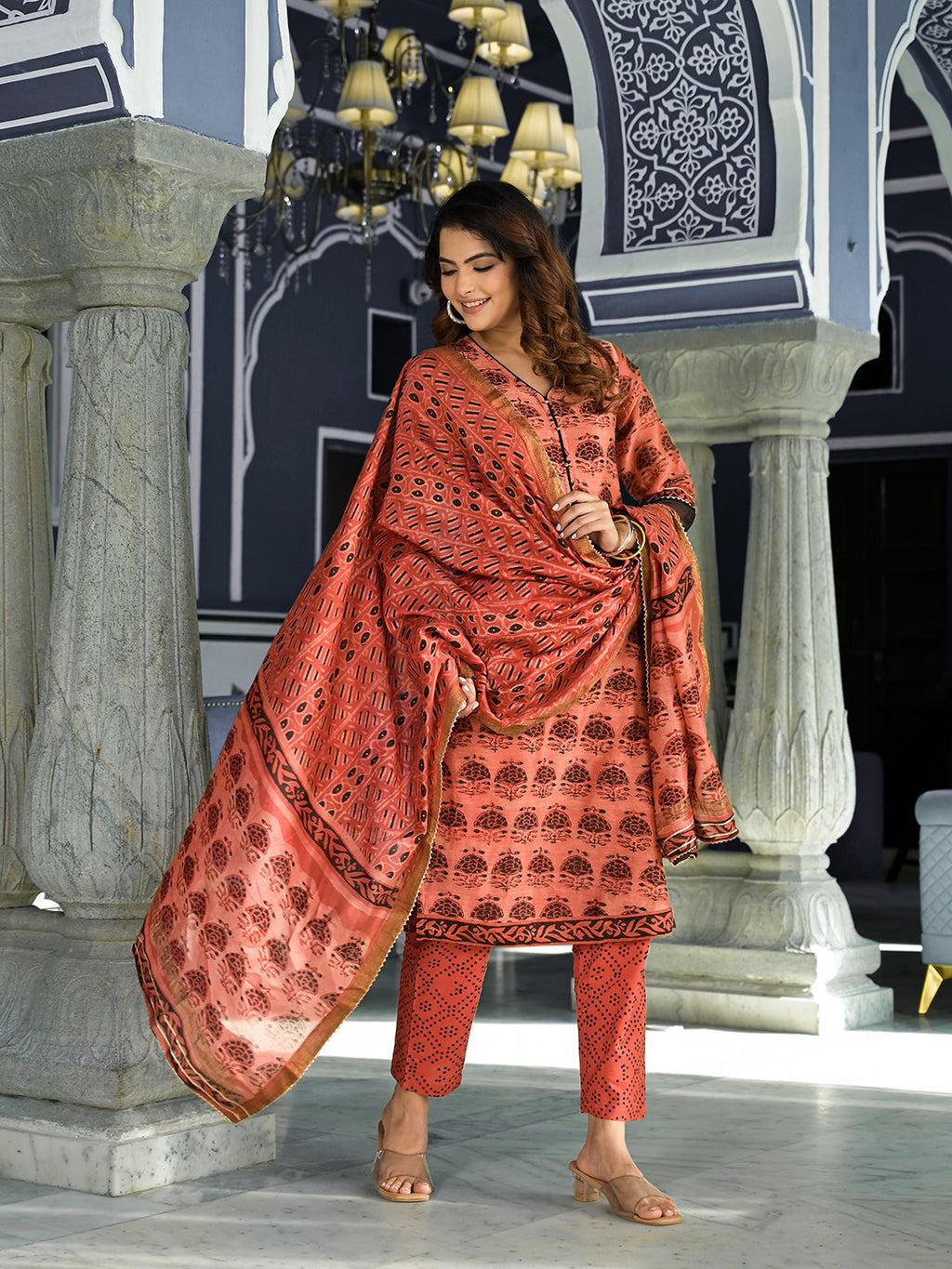 Noe Velarro Maroon Ethnic Printed Chanderi Silk Kurta Set with Maheshwari Silk Dupatta