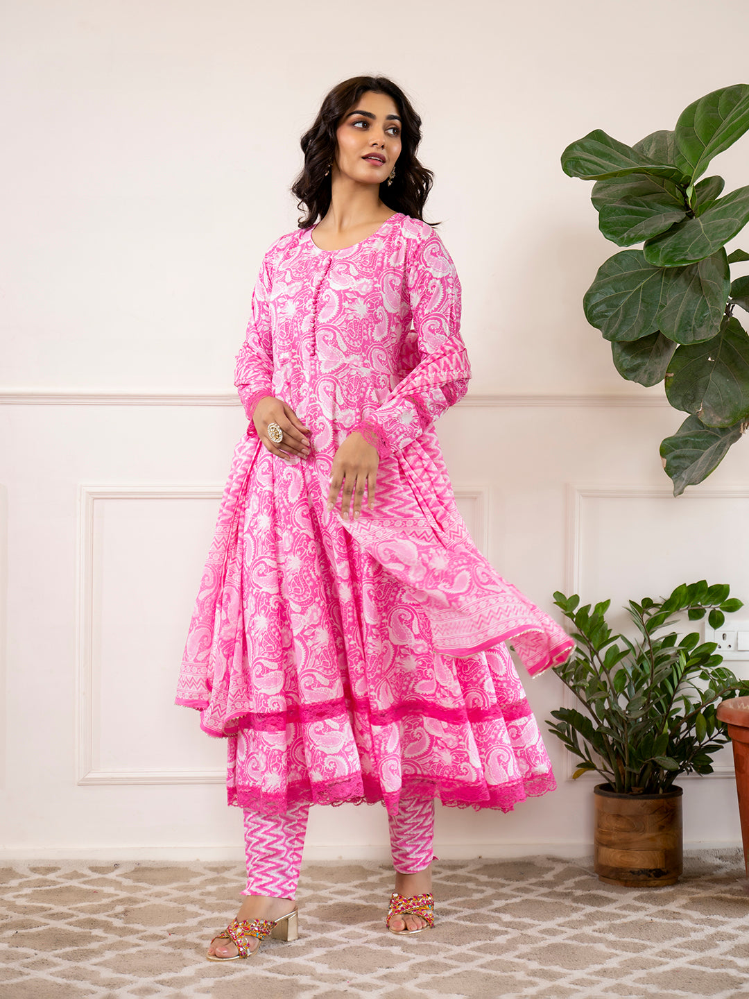 Noe Velarro Pink Floral Print Cotton Anarkali Kurta Trouser with Dupatta Set