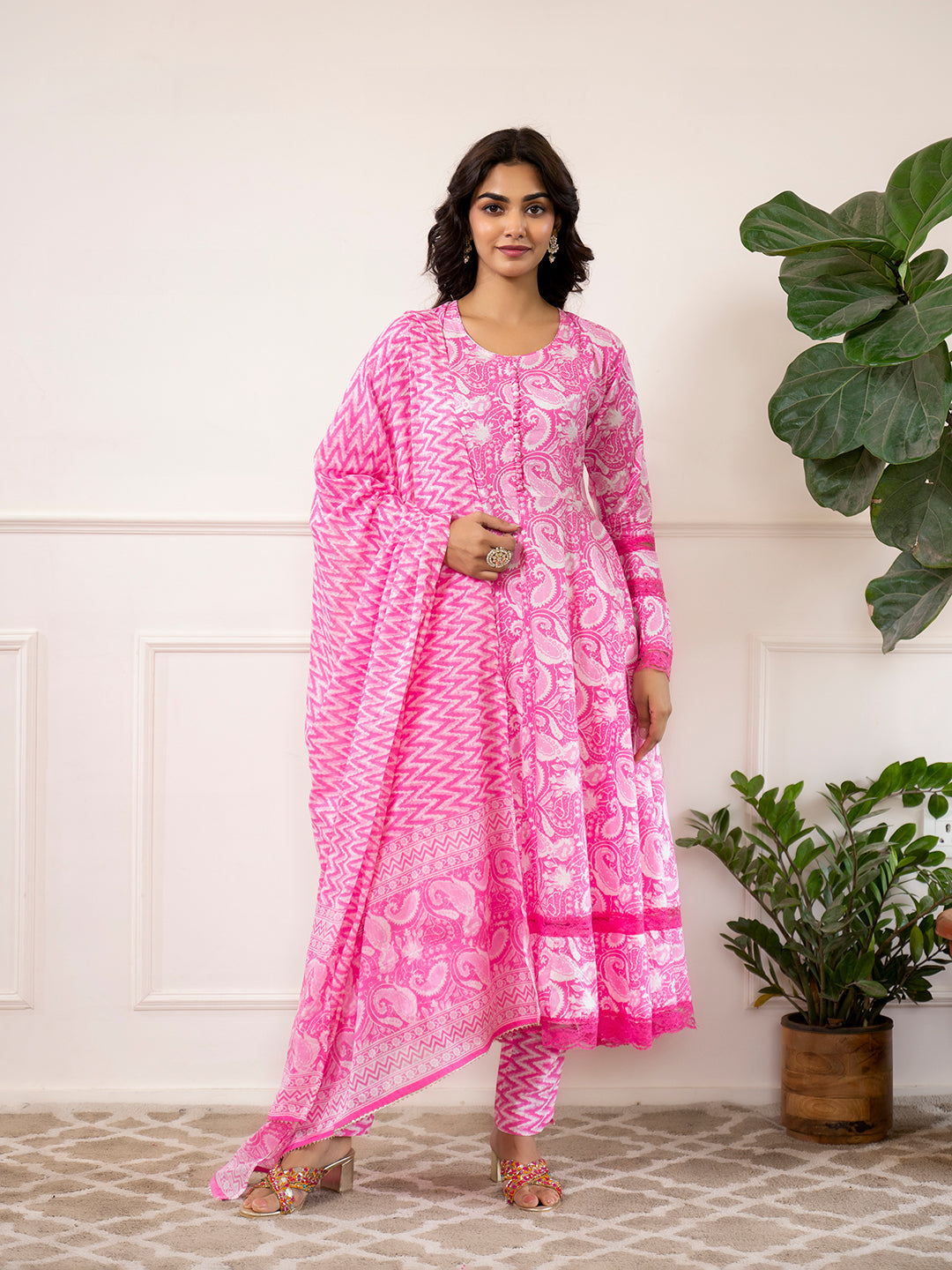 Noe Velarro Pink Floral Print Cotton Anarkali Kurta Trouser with Dupatta Set