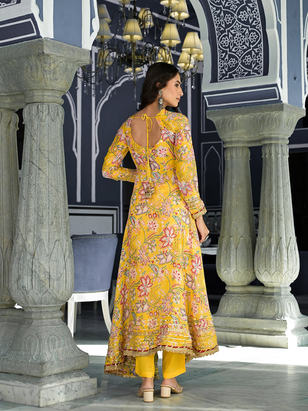 Noe Velarro Yellow Floral Printed Anarkali Muslin Kurta Trouser with Dupatta Set