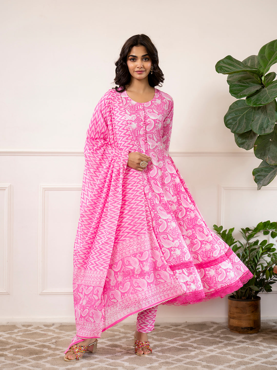 Noe Velarro Pink Floral Print Cotton Anarkali Kurta Trouser with Dupatta Set