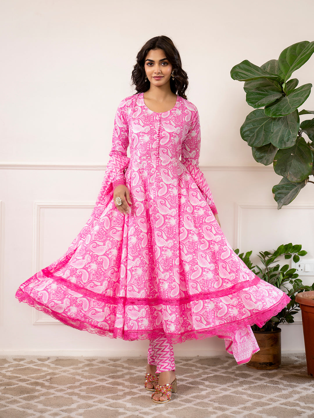 Noe Velarro Pink Floral Print Cotton Anarkali Kurta Trouser with Dupatta Set