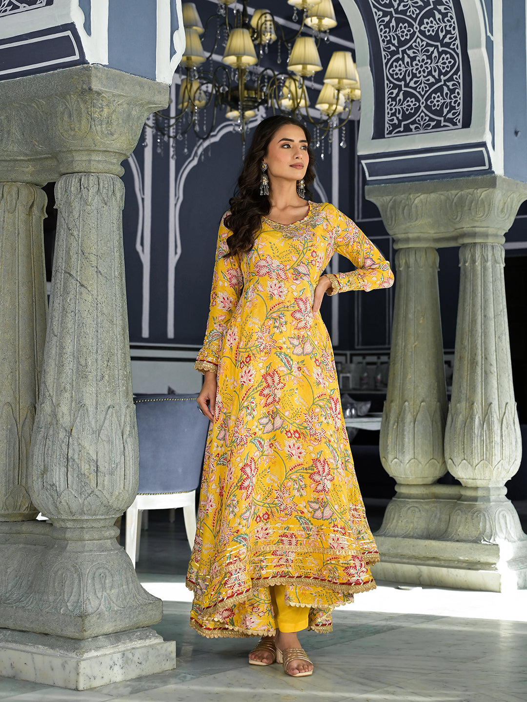 Noe Velarro Yellow Floral Printed Anarkali Muslin Kurta Trouser with Dupatta Set