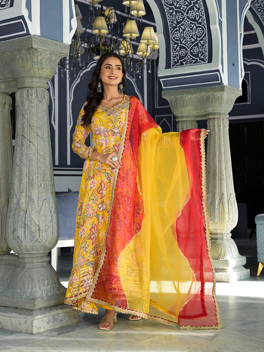 Noe Velarro Yellow Floral Printed Anarkali Muslin Kurta Trouser with Dupatta Set