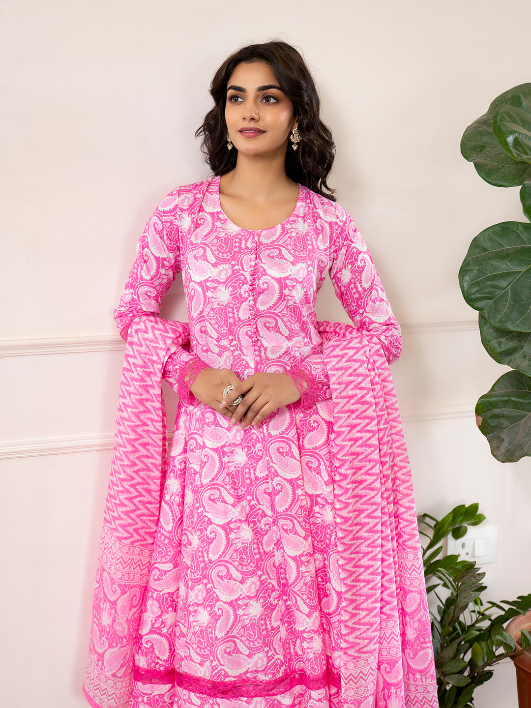 Noe Velarro Pink Floral Print Cotton Anarkali Kurta Trouser with Dupatta Set