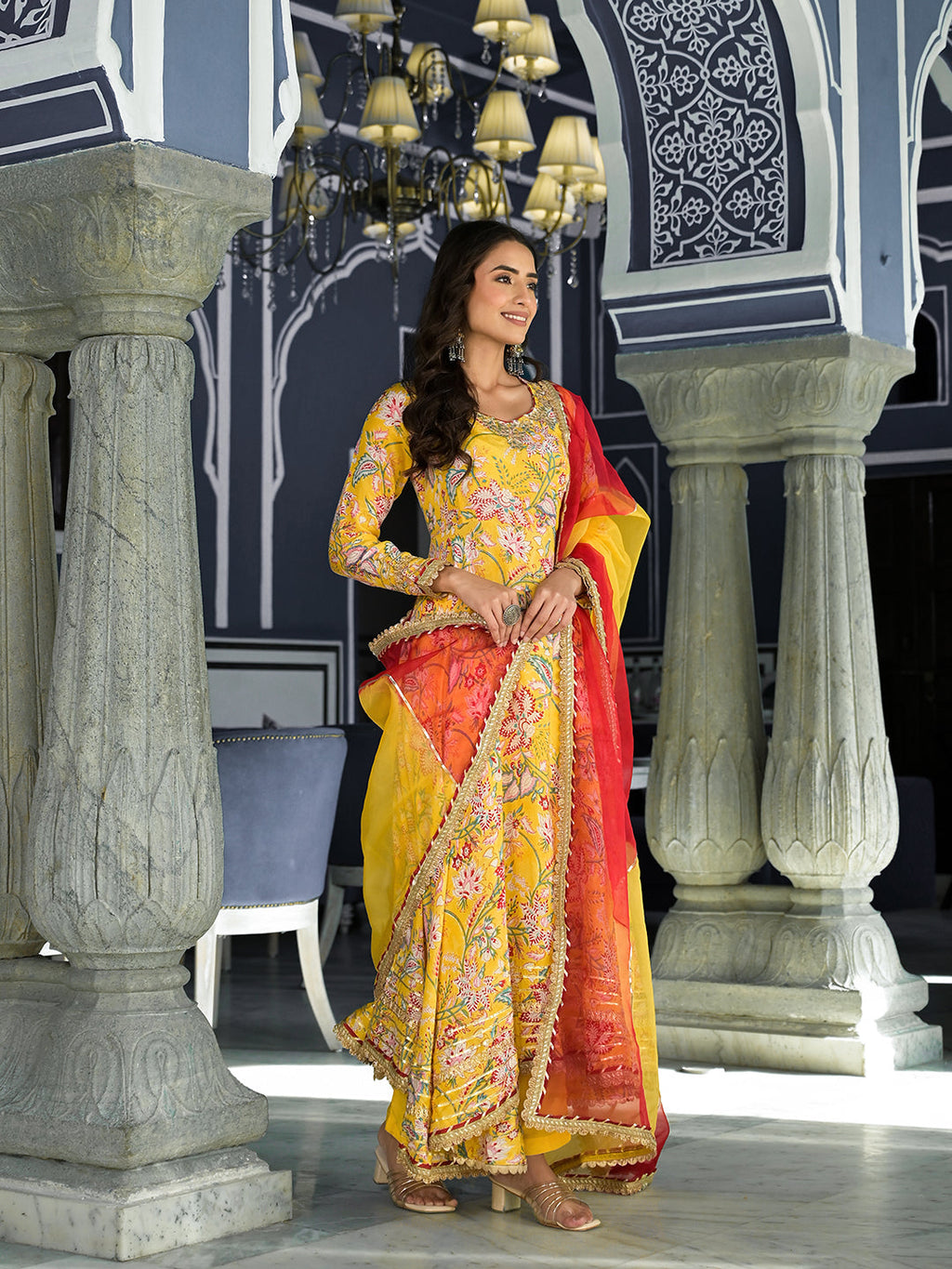 Noe Velarro Yellow Floral Printed Anarkali Muslin Kurta Trouser with Dupatta Set
