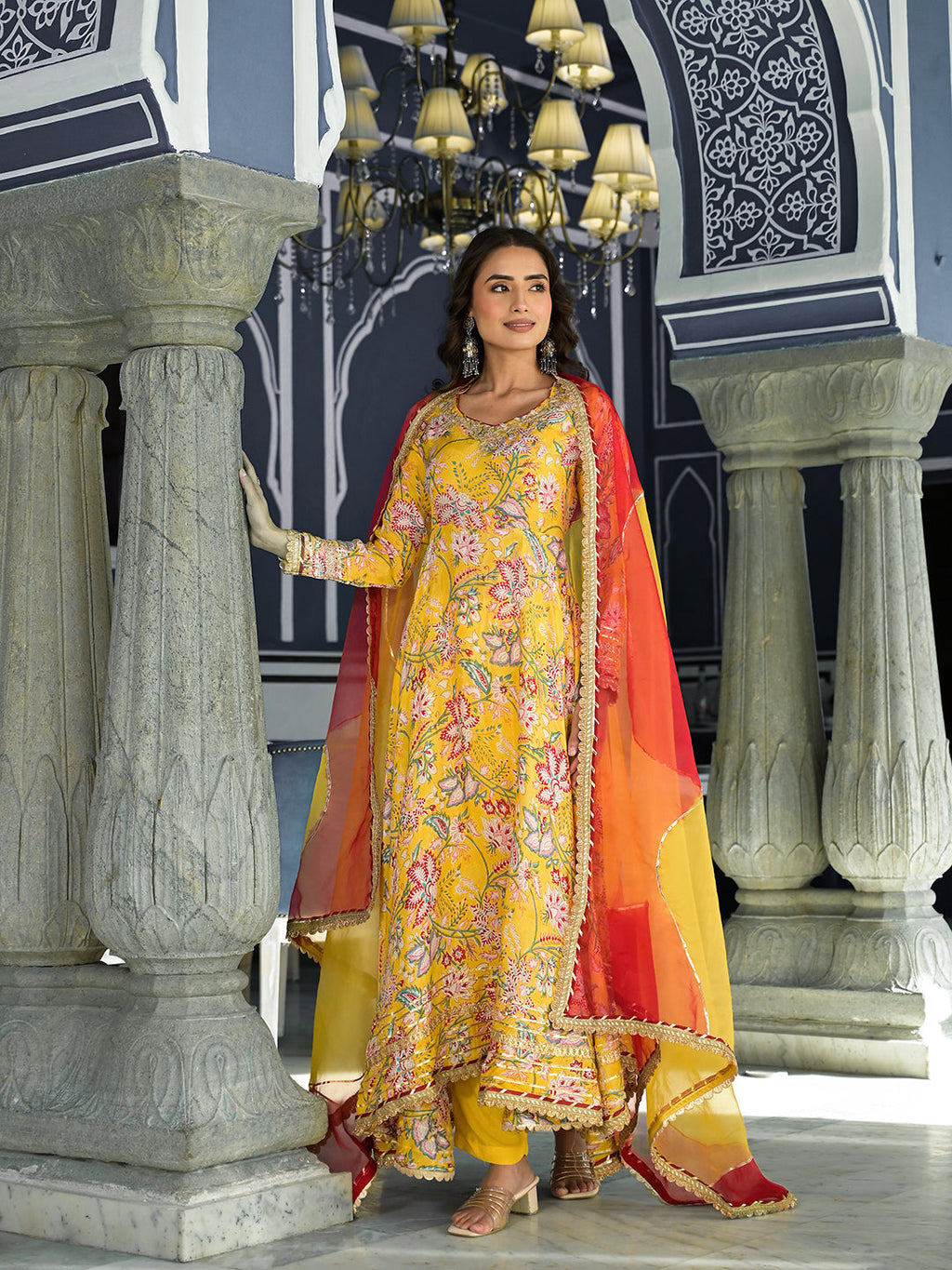 Noe Velarro Yellow Floral Printed Anarkali Muslin Kurta Trouser with Dupatta Set