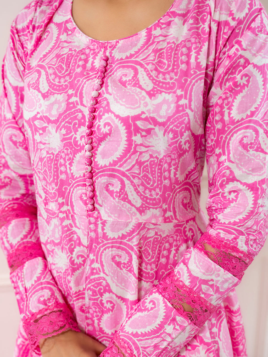Noe Velarro Pink Floral Print Cotton Anarkali Kurta Trouser with Dupatta Set