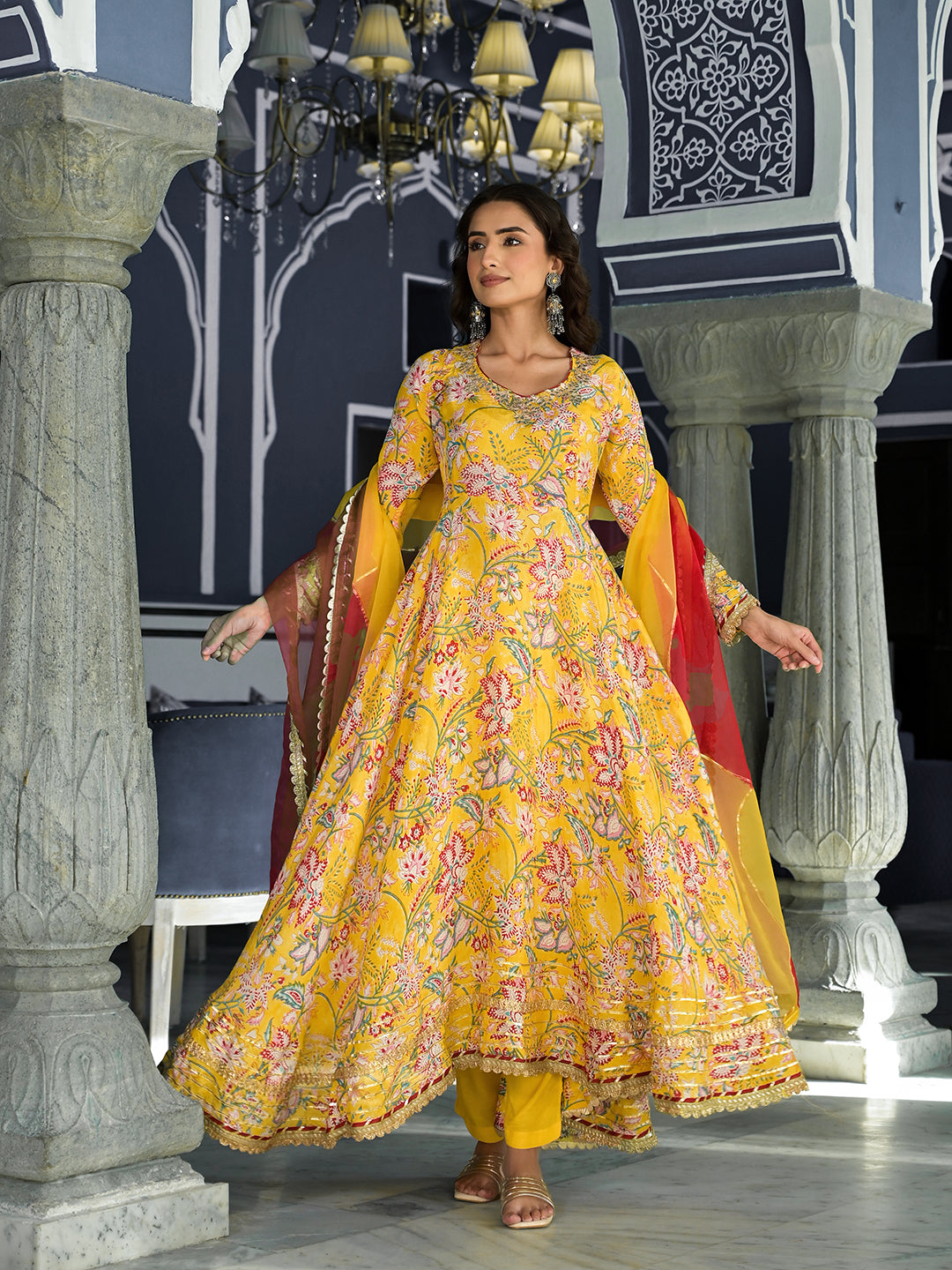 Noe Velarro Yellow Floral Printed Anarkali Muslin Kurta Trouser with Dupatta Set