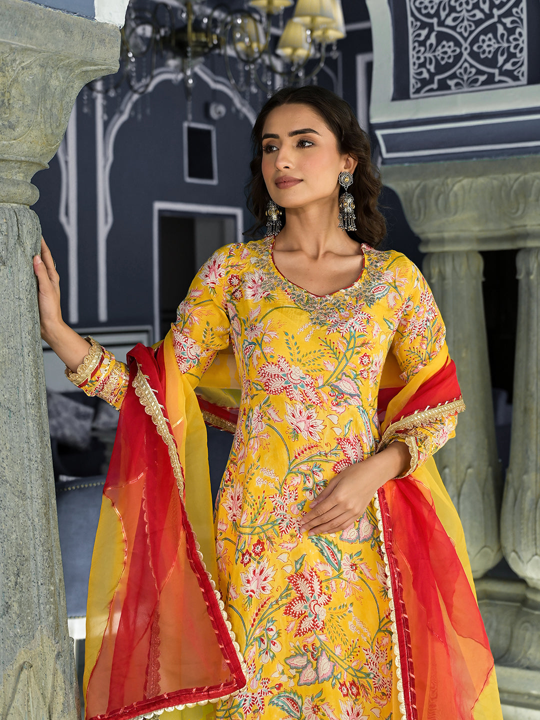 Noe Velarro Yellow Floral Printed Anarkali Muslin Kurta Trouser with Dupatta Set