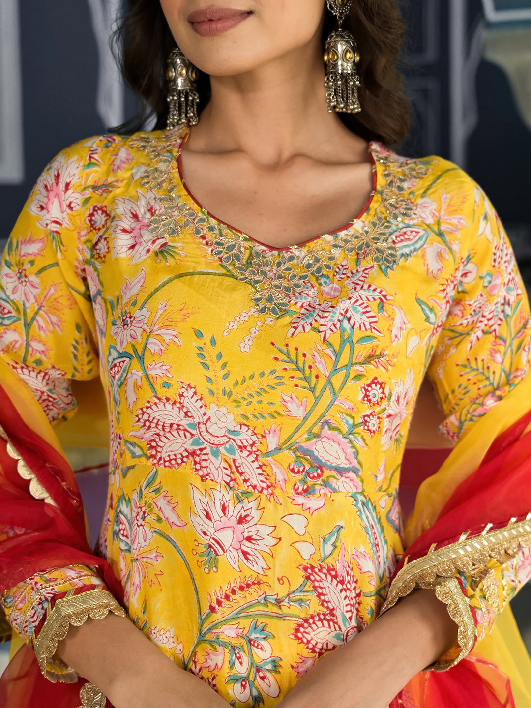 Noe Velarro Yellow Floral Printed Anarkali Muslin Kurta Trouser with Dupatta Set