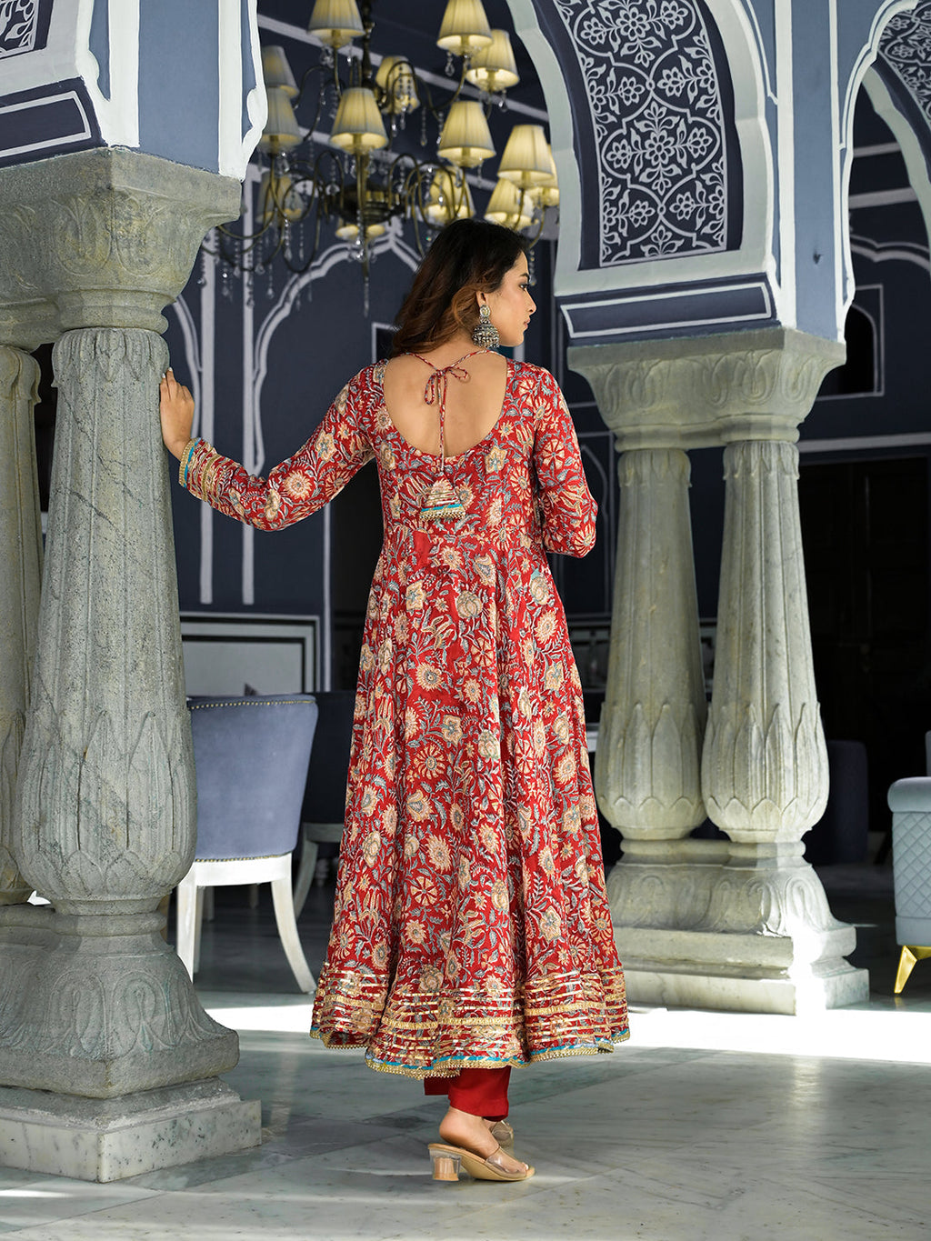 Noe Velarro Red Floral Printed Anarkali Muslin Kurta Trouser with Dupatta Set