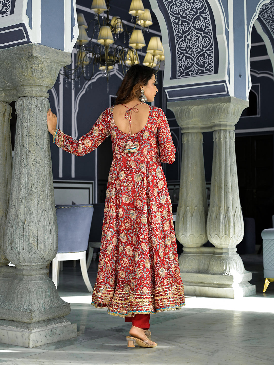 Noe Velarro Red Floral Printed Anarkali Muslin Kurta Trouser with Dupatta Set