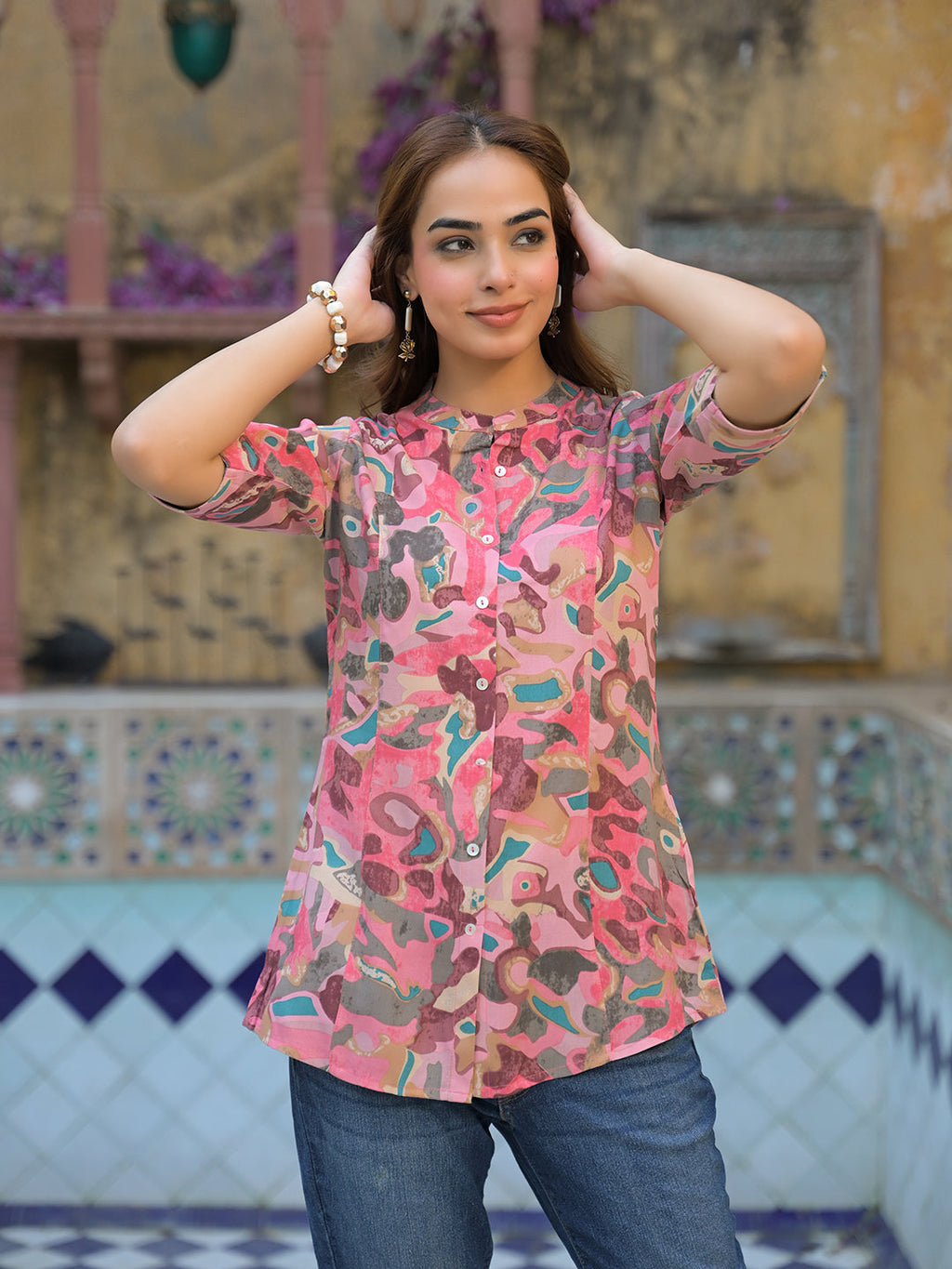 Noe Velarro Pink Printed Rayon A-Line Top