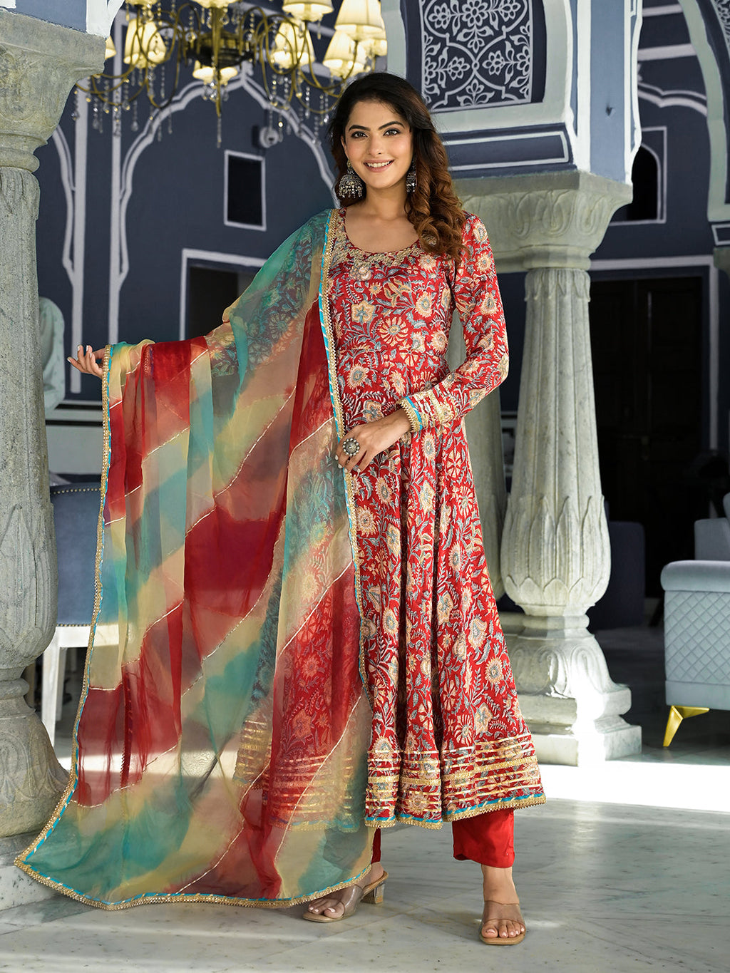 Noe Velarro Red Floral Printed Anarkali Muslin Kurta Trouser with Dupatta Set