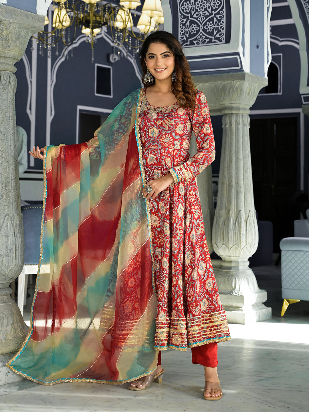 Noe Velarro Red Floral Printed Anarkali Muslin Kurta Trouser with Dupatta Set