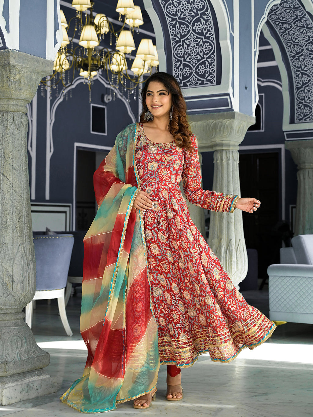 Noe Velarro Red Floral Printed Anarkali Muslin Kurta Trouser with Dupatta Set