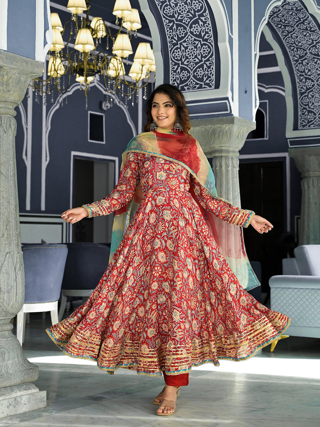 Noe Velarro Red Floral Printed Anarkali Muslin Kurta Trouser with Dupatta Set