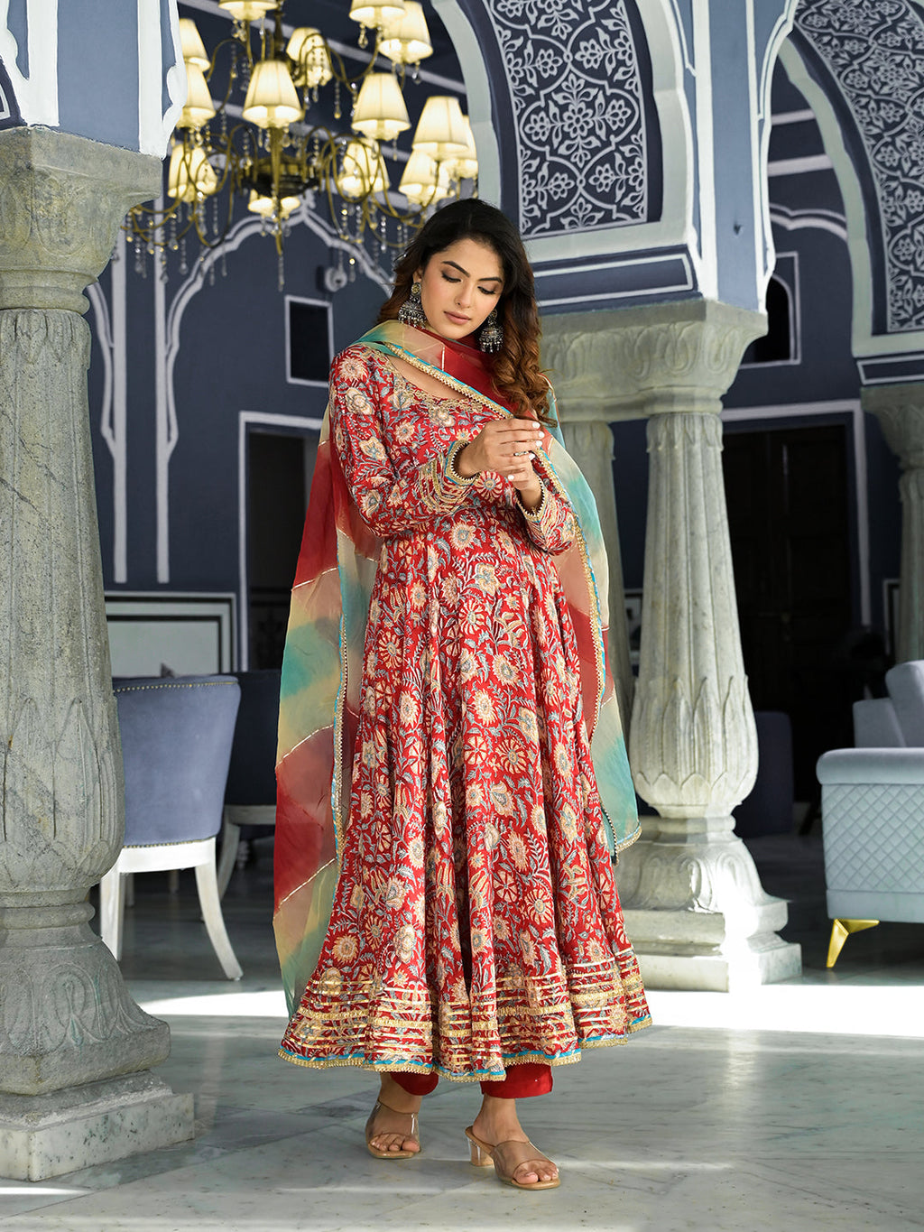 Noe Velarro Red Floral Printed Anarkali Muslin Kurta Trouser with Dupatta Set