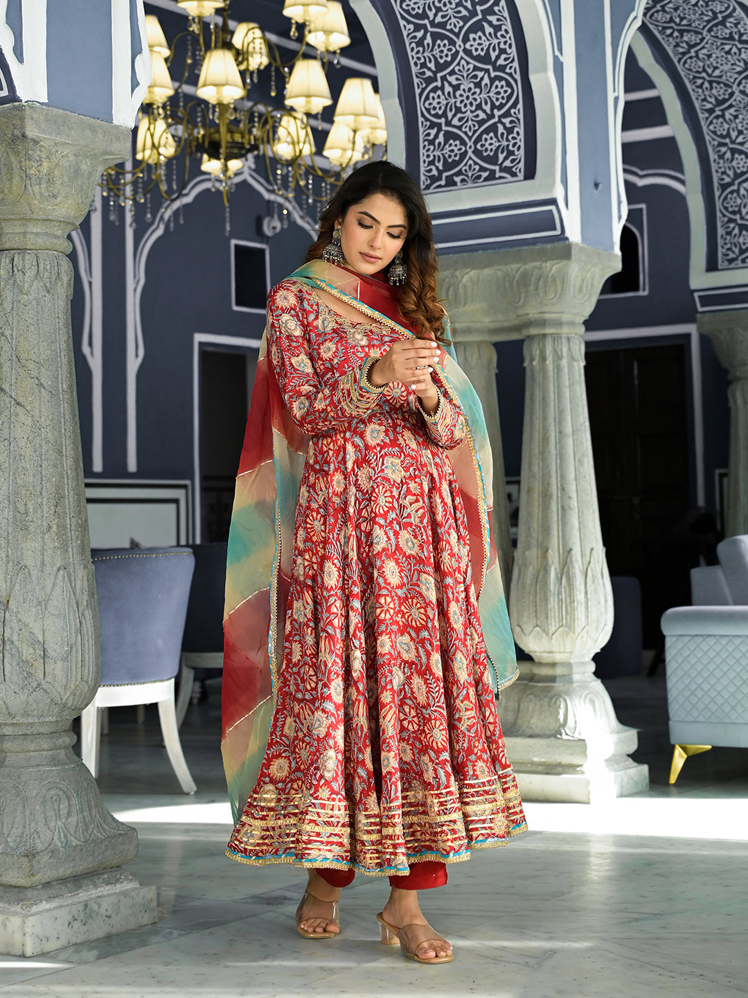 Noe Velarro Red Floral Printed Anarkali Muslin Kurta Trouser with Dupatta Set