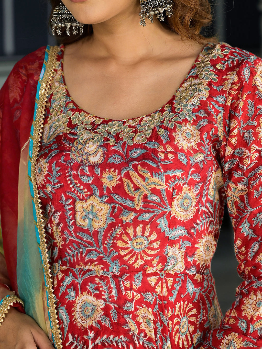 Noe Velarro Red Floral Printed Anarkali Muslin Kurta Trouser with Dupatta Set