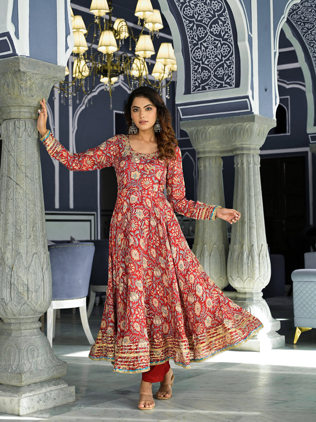 Noe Velarro Red Floral Printed Anarkali Muslin Kurta Trouser with Dupatta Set