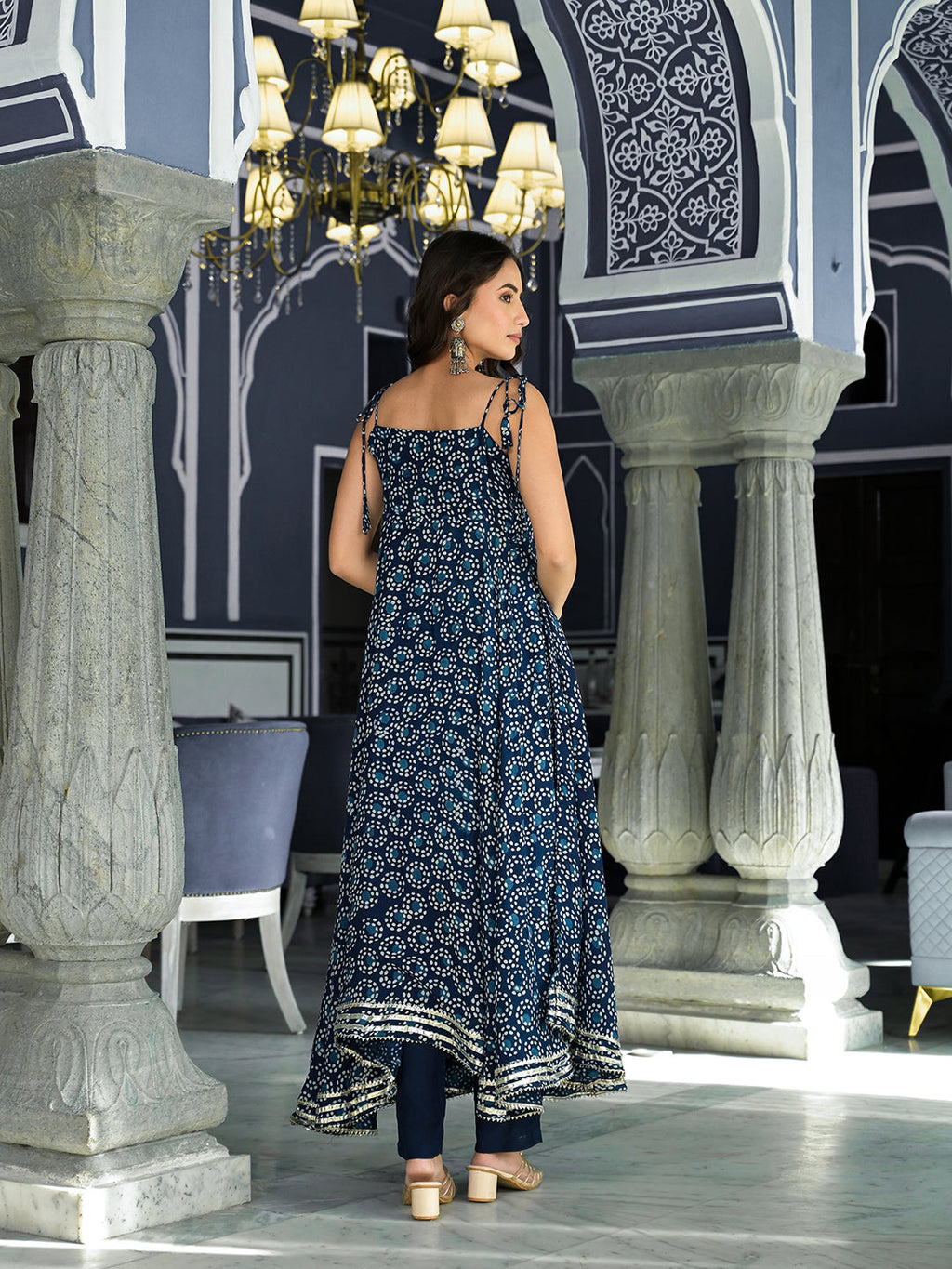 Noe Velarro Blue Printed Anarkali Muslin Shoulder Stripe Kurta Trouser with Dupatta Set