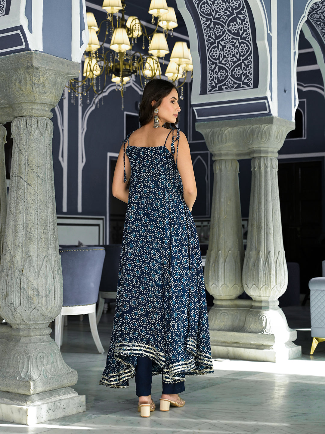 Noe Velarro Blue Printed Anarkali Muslin Shoulder Stripe Kurta Trouser with Dupatta Set