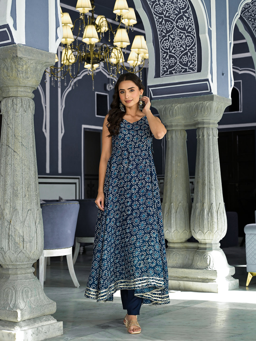 Noe Velarro Blue Printed Anarkali Muslin Shoulder Stripe Kurta Trouser with Dupatta Set