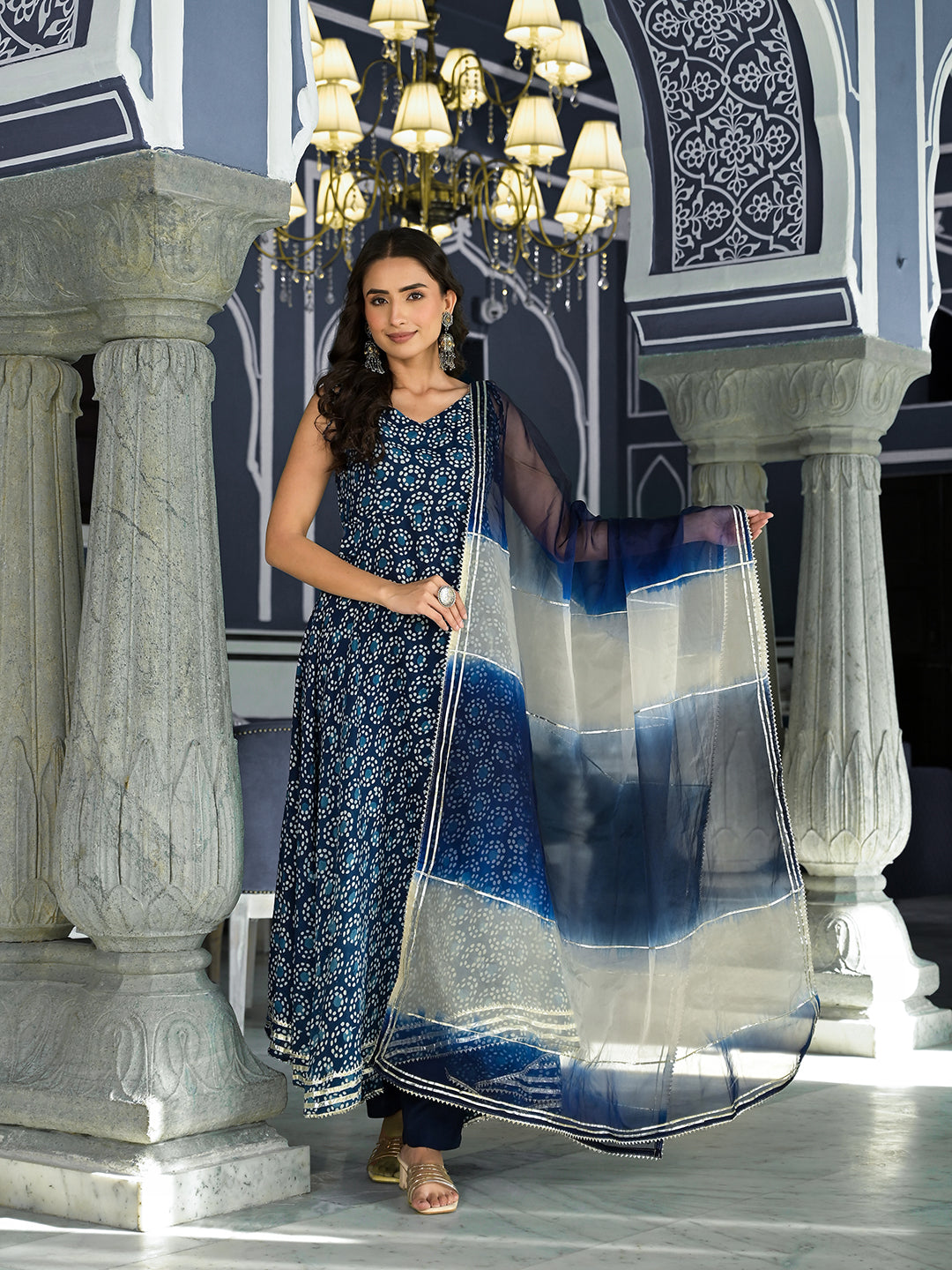 Noe Velarro Blue Printed Anarkali Muslin Shoulder Stripe Kurta Trouser with Dupatta Set